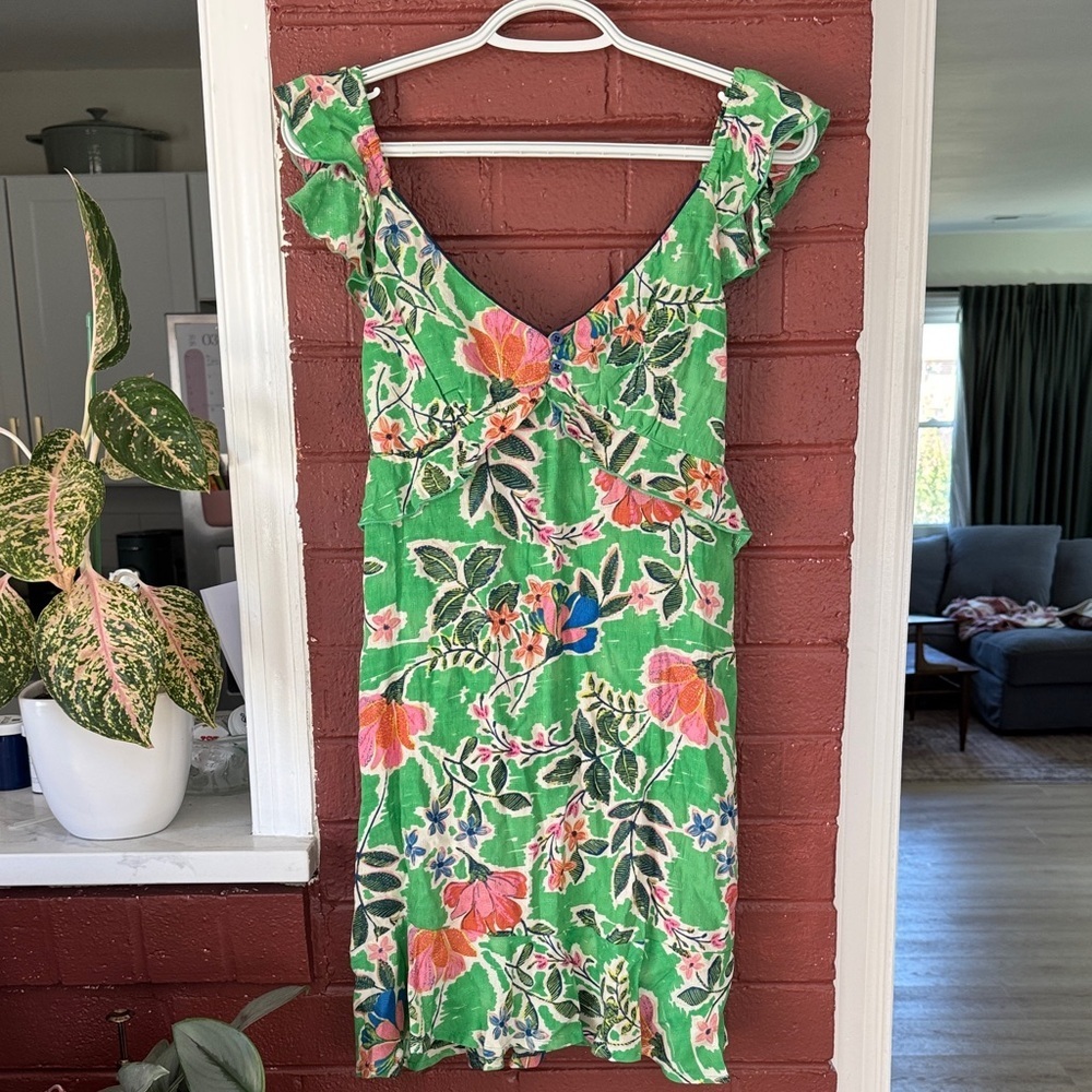 Green Floral Ruffle-Shoulder Sleeveless Mini Dress XS